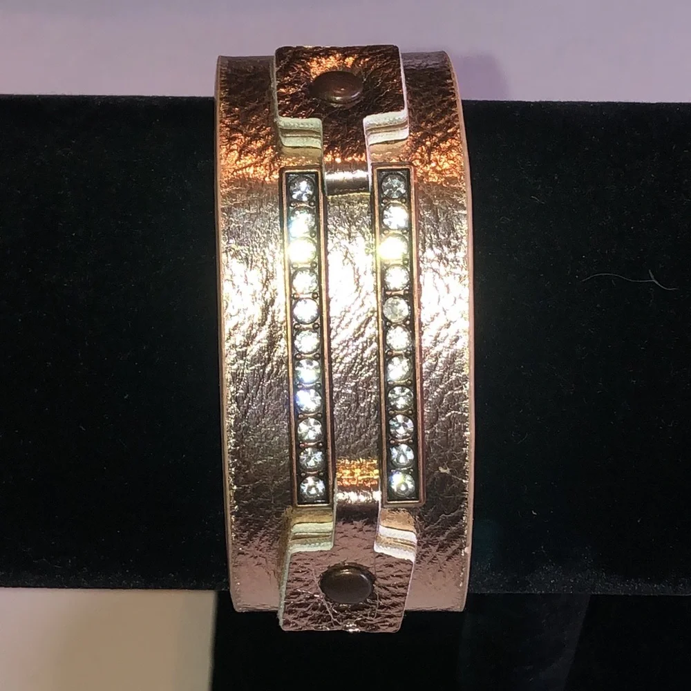 Rose Gold Tone Faux Leather Crystal Accent Bracelet